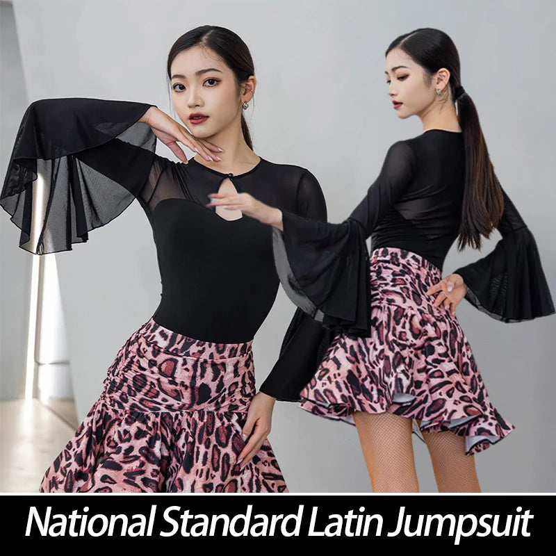 Women's National Standard Latin Jumpsuit Training Leotard Dance Long Sleeve Bodysuit New Latin Dancing Performance Costumes