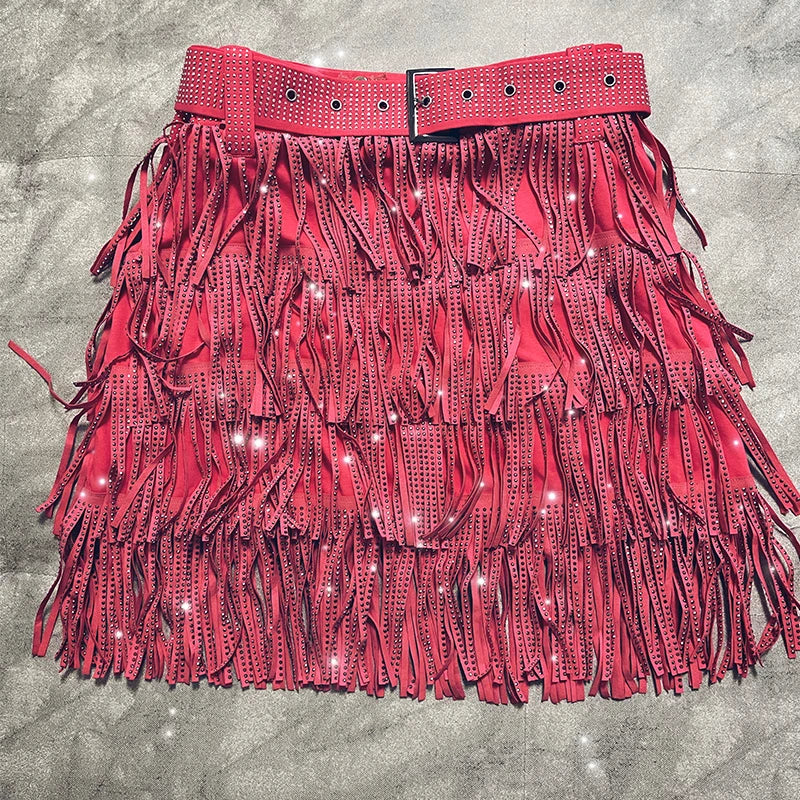 Women Skirt Fashion 2025 New Autumn High Waist Belt Multi Layer Short Heavy Drilling Rhinestones Fringed Skirt with Cake A Line