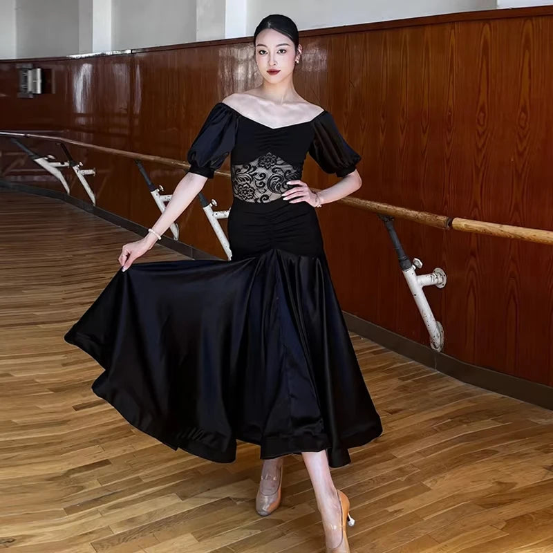 Ballroom Dress Women Performance Clothing Standard Modern Dance Outfit Lace Off Shoulder Dance Leotard Skirt Waltz Dress VBH1935