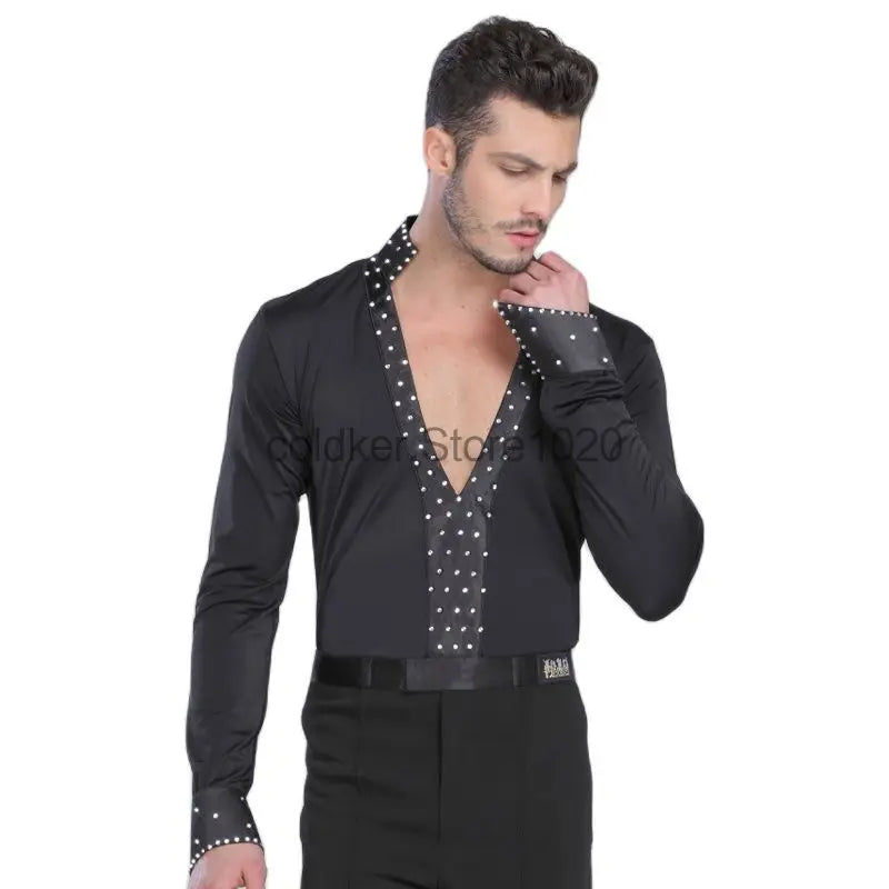 Men Latin Waltz Ballroom Dance Long Shirt Black White V-Neck Lace Leotard Bodysuit Cha-Cha Tango Rumba Dance Performance Shirts