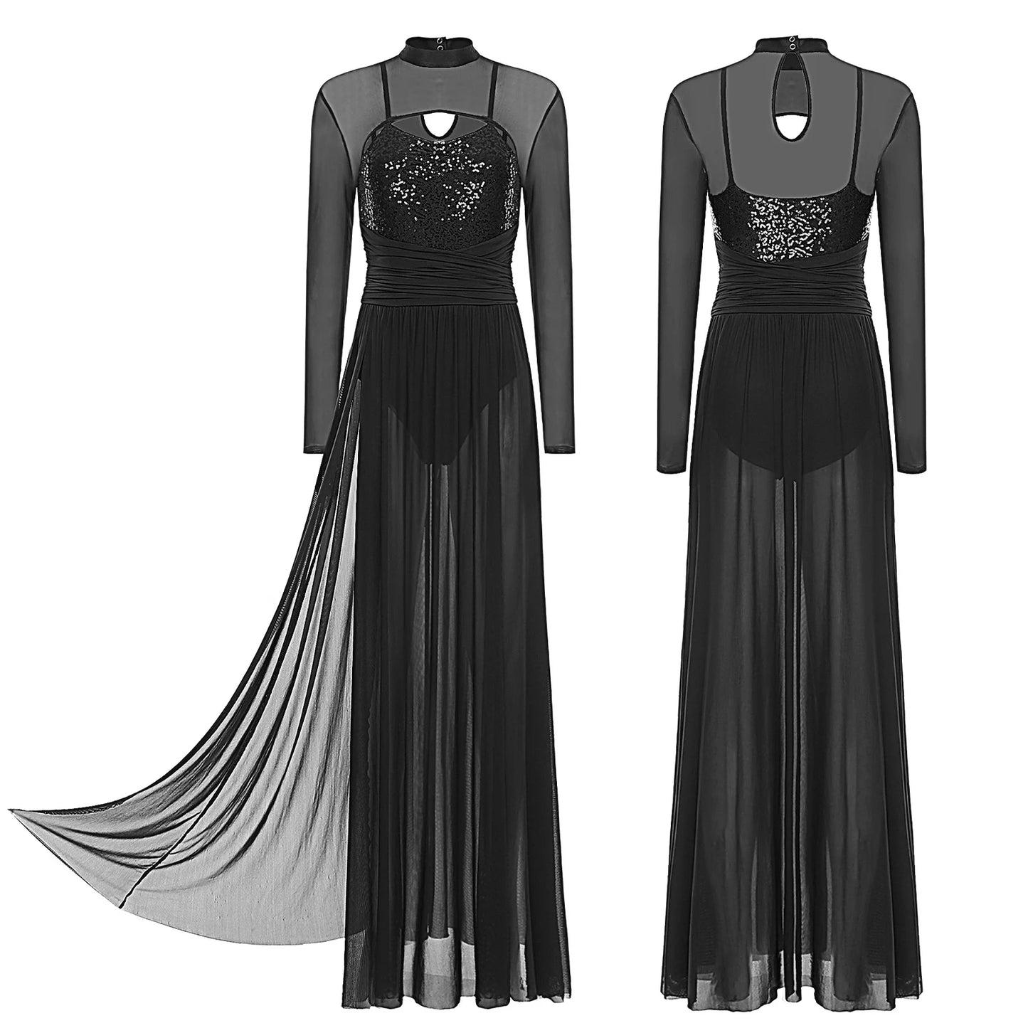 Womens Ballet Lyrical Dance Costumes Sequin Mesh Tulle Flowy Maxi Long Dress Built-In Briefs Morden Contemporary Dancewear