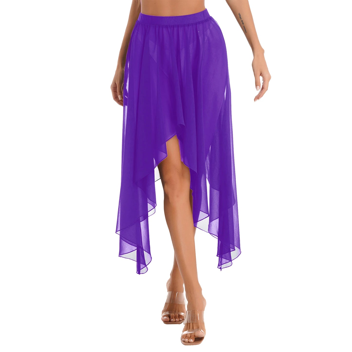Women Adult Ballet Training Clothes Asymmetrical Sheer Chiffon Skirts Girls Middle Mesh Skirt Tulle Skirt Dance Stage Costume