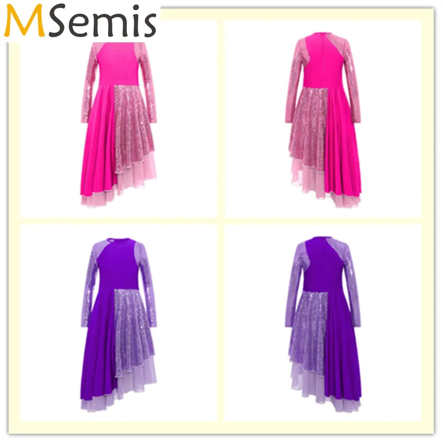 Vibrant Two-Tone Dance Dress with Sheer Lace Sleeves – Asymmetric Pink & Purple Gowns for Stage, Ballroom, and Showcases