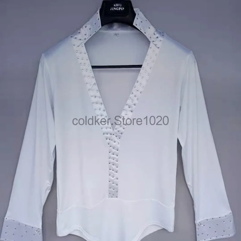 Men Latin Waltz Ballroom Dance Long Shirt Black White V-Neck Lace Leotard Bodysuit Cha-Cha Tango Rumba Dance Performance Shirts