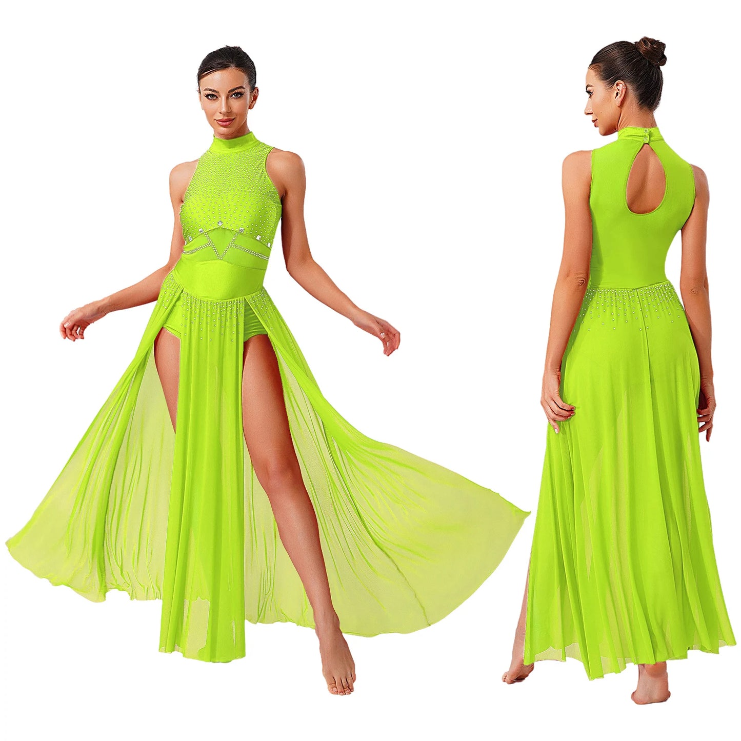 Womens Ballet Lyrical Dance Costumes Sequin Mesh Tulle Flowy Maxi Long Dress Built-In Briefs Morden Contemporary Dancewear