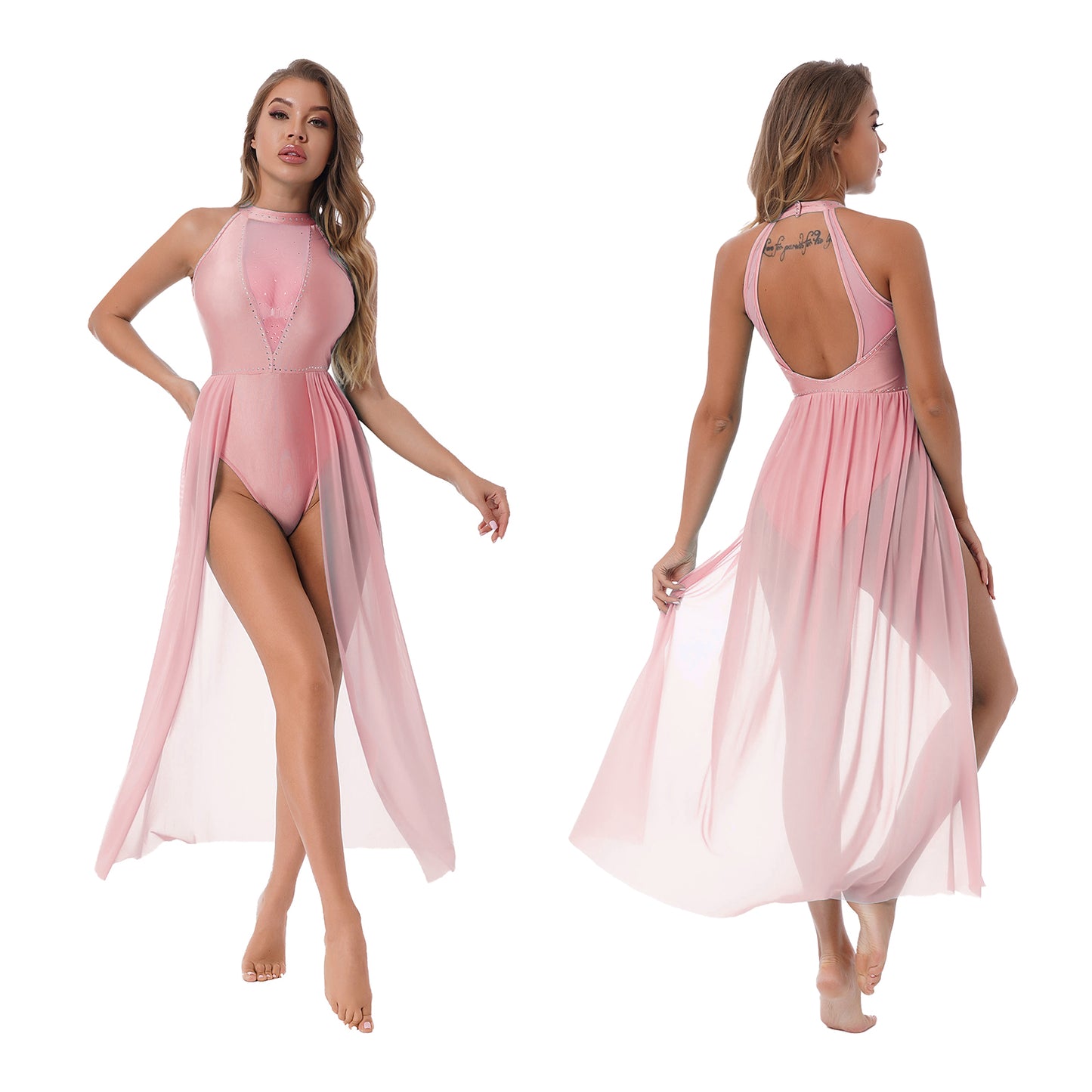 Elegant White Halter Bodysuit with Sheer Mesh Insert and Flowing Cape – Bridal Couture, Resort Wear, Photogenic Runway Gown