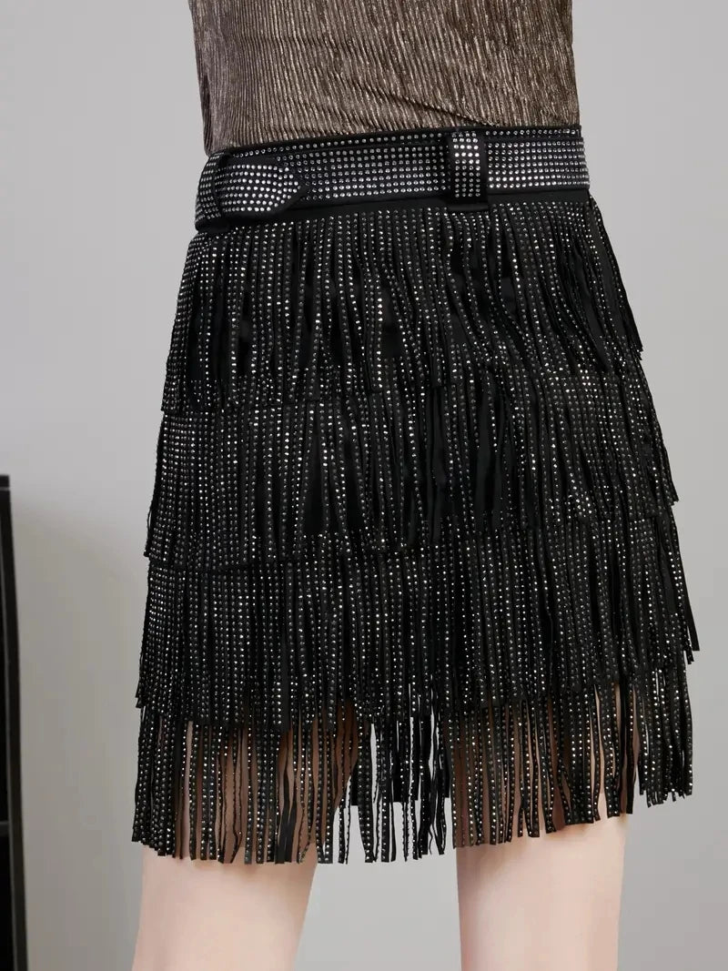 Women Skirt Fashion 2025 New Autumn High Waist Belt Multi Layer Short Heavy Drilling Rhinestones Fringed Skirt with Cake A Line