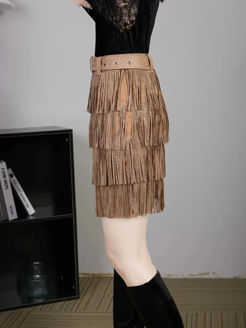 Women Skirt Fashion 2025 New Autumn High Waist Belt Multi Layer Short Heavy Drilling Rhinestones Fringed Skirt with Cake A Line