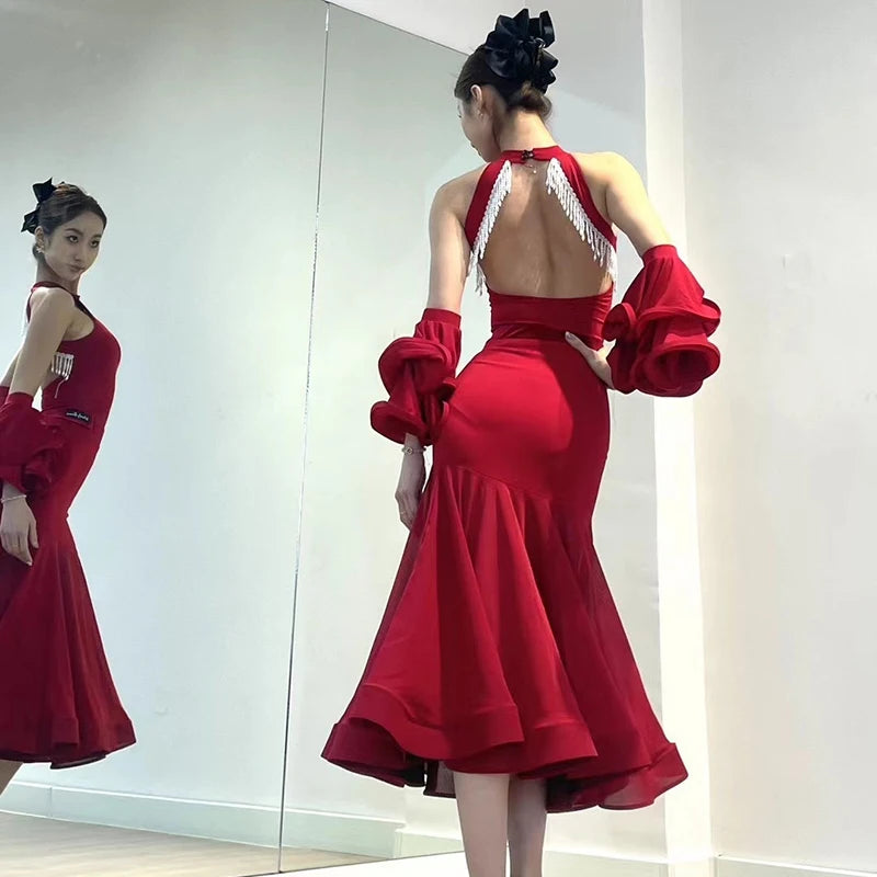 2024 Ballroom Dance Dress For Women Sexy Backless Big Swing Skirts Suit Adult Waltz Modern Dance Performance Clothing DQS15600