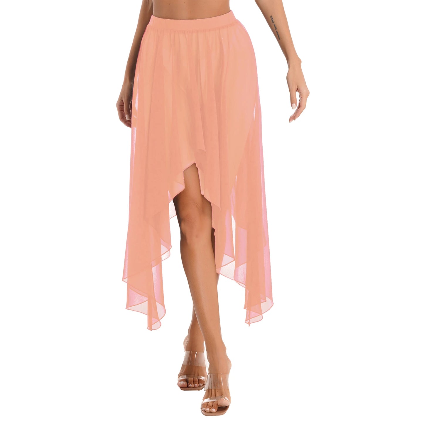 Women Adult Ballet Training Clothes Asymmetrical Sheer Chiffon Skirts Girls Middle Mesh Skirt Tulle Skirt Dance Stage Costume