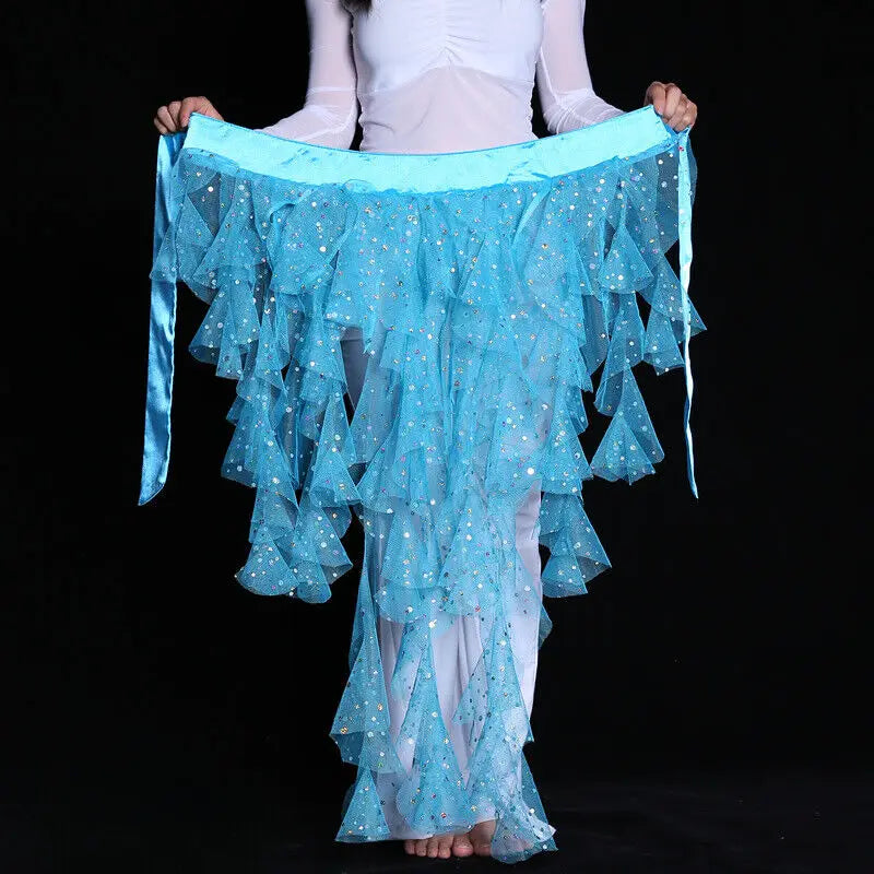 Women's Belly Dance Mesh Sequins Hip Scarf Wrap Skirts High Low Ruffle Mesh Waist Chain Belt Party Dance Costume Accessories