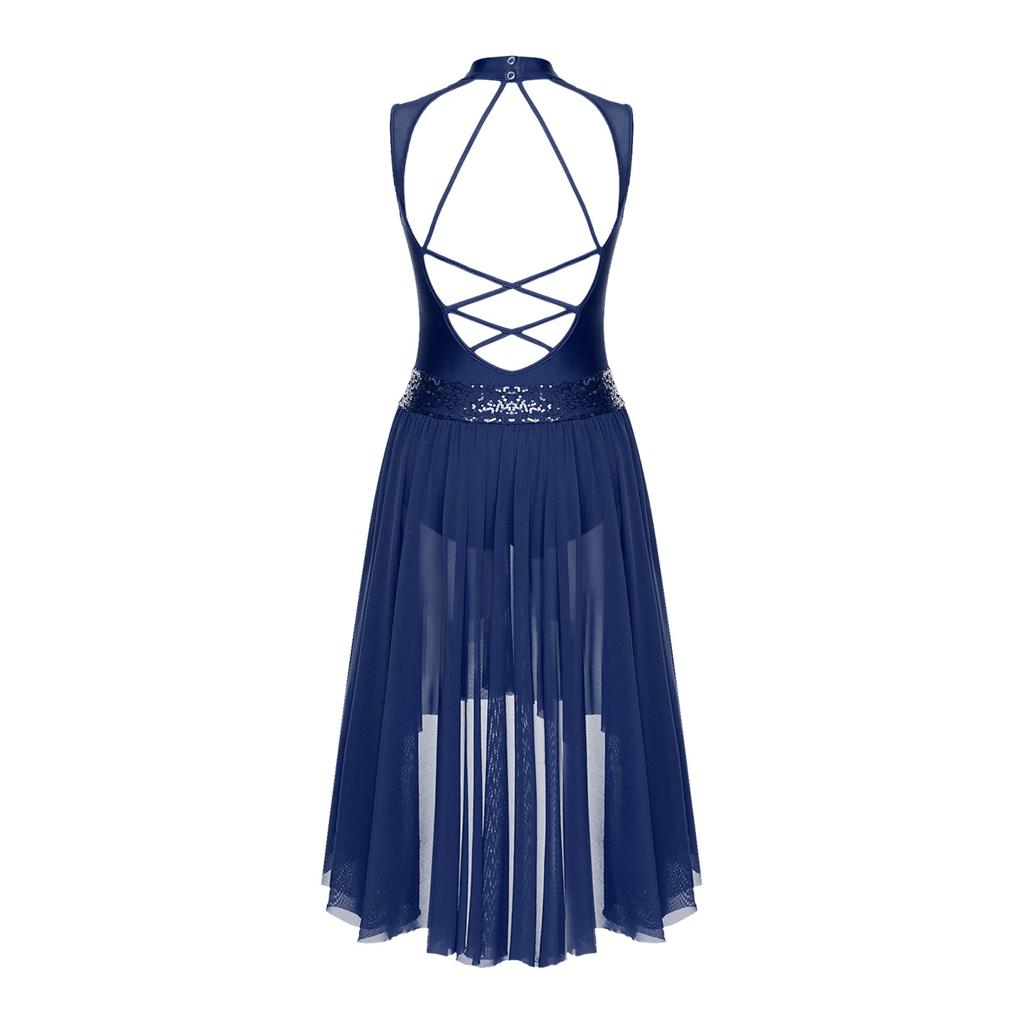 Navy Blue Sequin Bodice with Sheer Mesh Skirt – Dance Dress with Criss-Cross Back, Ballroom & Party Gown