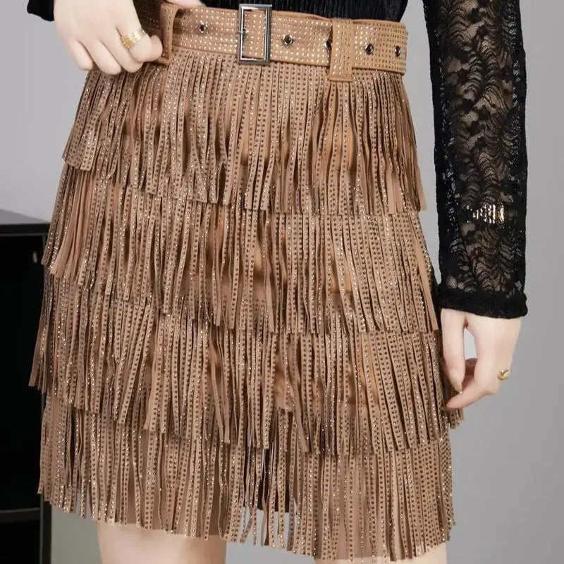 Women Skirt Fashion 2025 New Autumn High Waist Belt Multi Layer Short Heavy Drilling Rhinestones Fringed Skirt with Cake A Line
