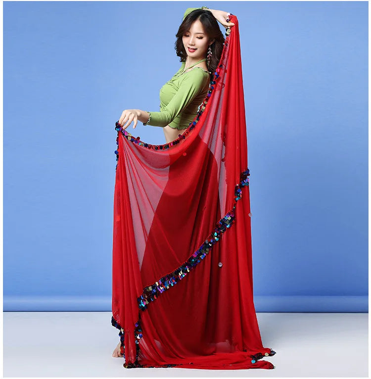 Vibrant Red Drape Shawl with Multicolor Pom-Pom Trim – Flowing Dance Cape, Festival Shawl, Decorative Red Drapery for Stage & Fashion