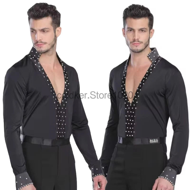 Men Latin Waltz Ballroom Dance Long Shirt Black White V-Neck Lace Leotard Bodysuit Cha-Cha Tango Rumba Dance Performance Shirts