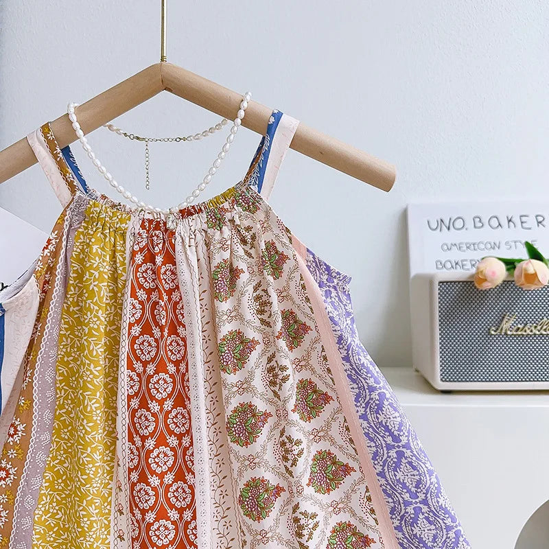 Girls Casual Dresses Vintage Print Sleeveless Halter Dress Kids Clothes Girls Flower Girl Dresses for Weddings for 2 To 7 Years