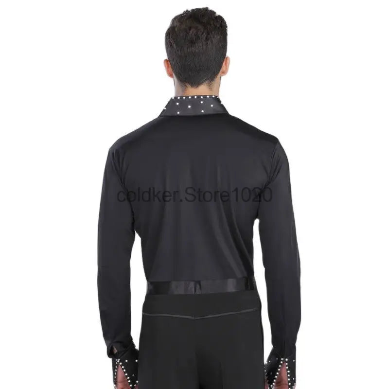 Men Latin Waltz Ballroom Dance Long Shirt Black White V-Neck Lace Leotard Bodysuit Cha-Cha Tango Rumba Dance Performance Shirts