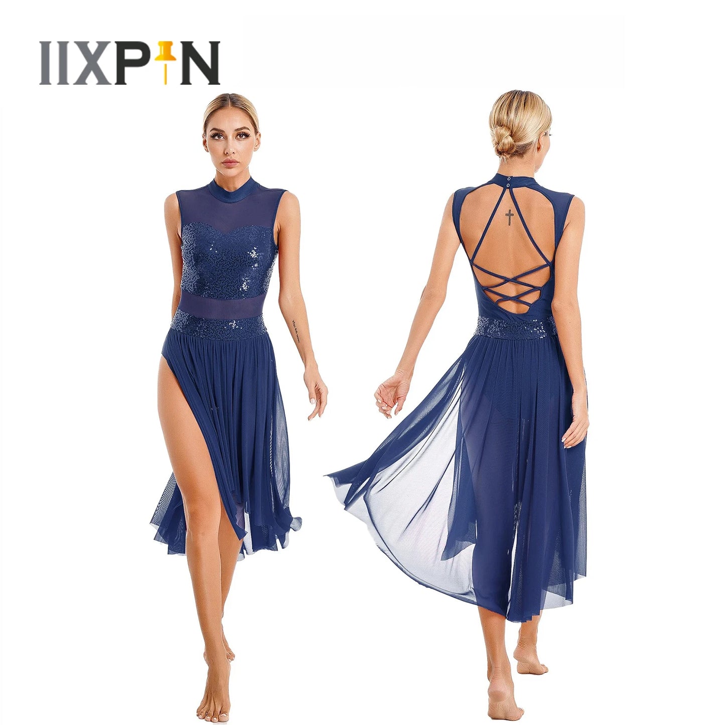 Navy Blue Sequin Bodice with Sheer Mesh Skirt – Dance Dress with Criss-Cross Back, Ballroom & Party Gown