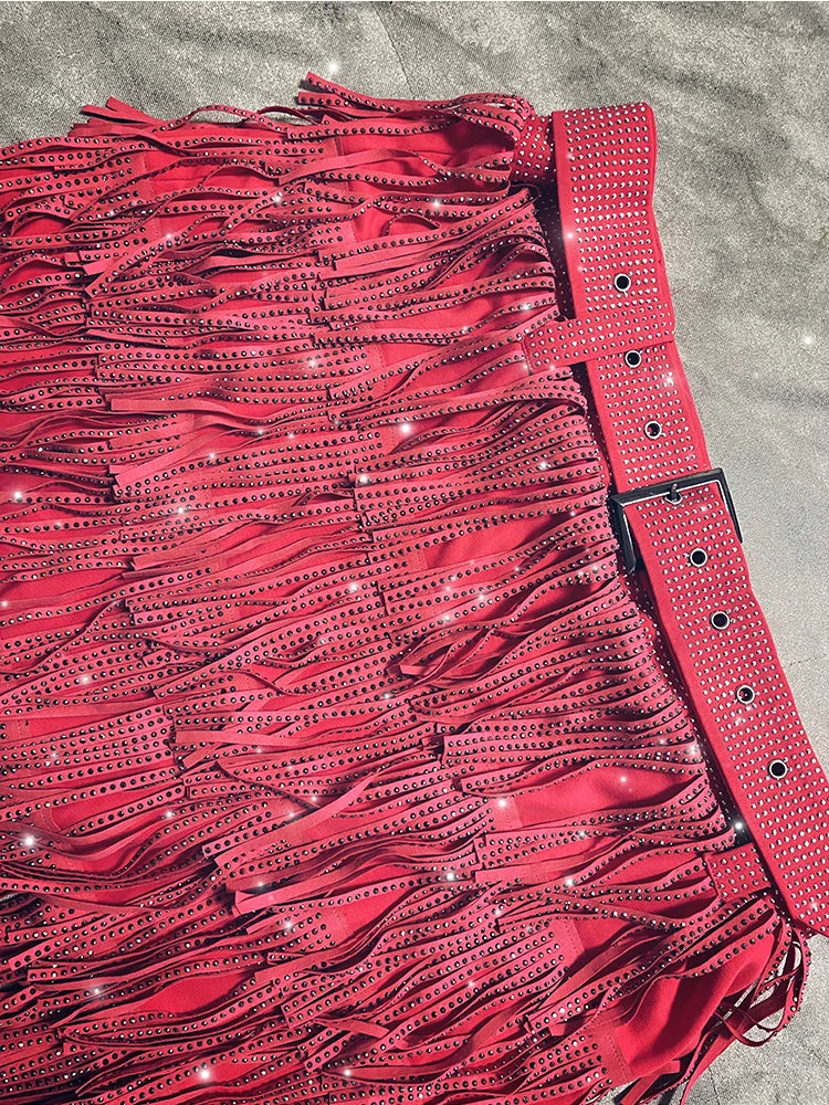 Women Skirt Fashion 2025 New Autumn High Waist Belt Multi Layer Short Heavy Drilling Rhinestones Fringed Skirt with Cake A Line