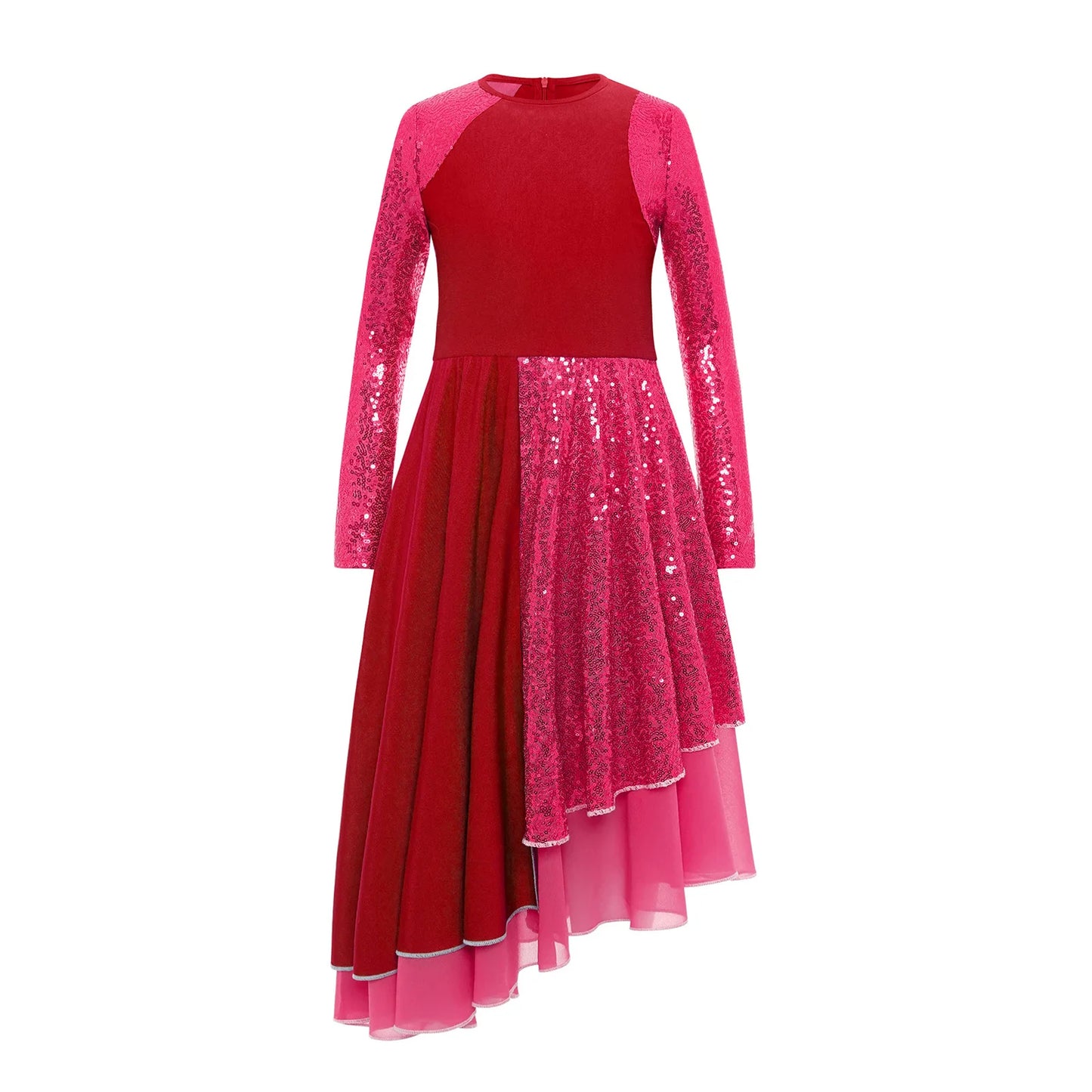 Vibrant Two-Tone Dance Dress with Sheer Lace Sleeves – Asymmetric Pink & Purple Gowns for Stage, Ballroom, and Showcases