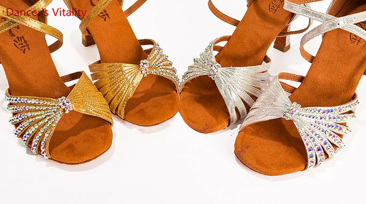 Latin Dance Shoes Female Adult Soft Sole with National Standard Professional Dance Shoes Diamond-studded Latin Shoes