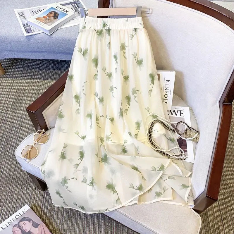 French Floral Skirt for Women with High Waist Covering Hips to Make Them Look Slim Mid-length A-line Skirt for the Forest