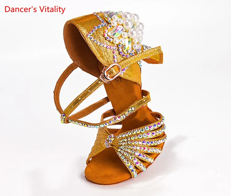 Latin Dance Shoes Female Adult Soft Sole with National Standard Professional Dance Shoes Diamond-studded Latin Shoes
