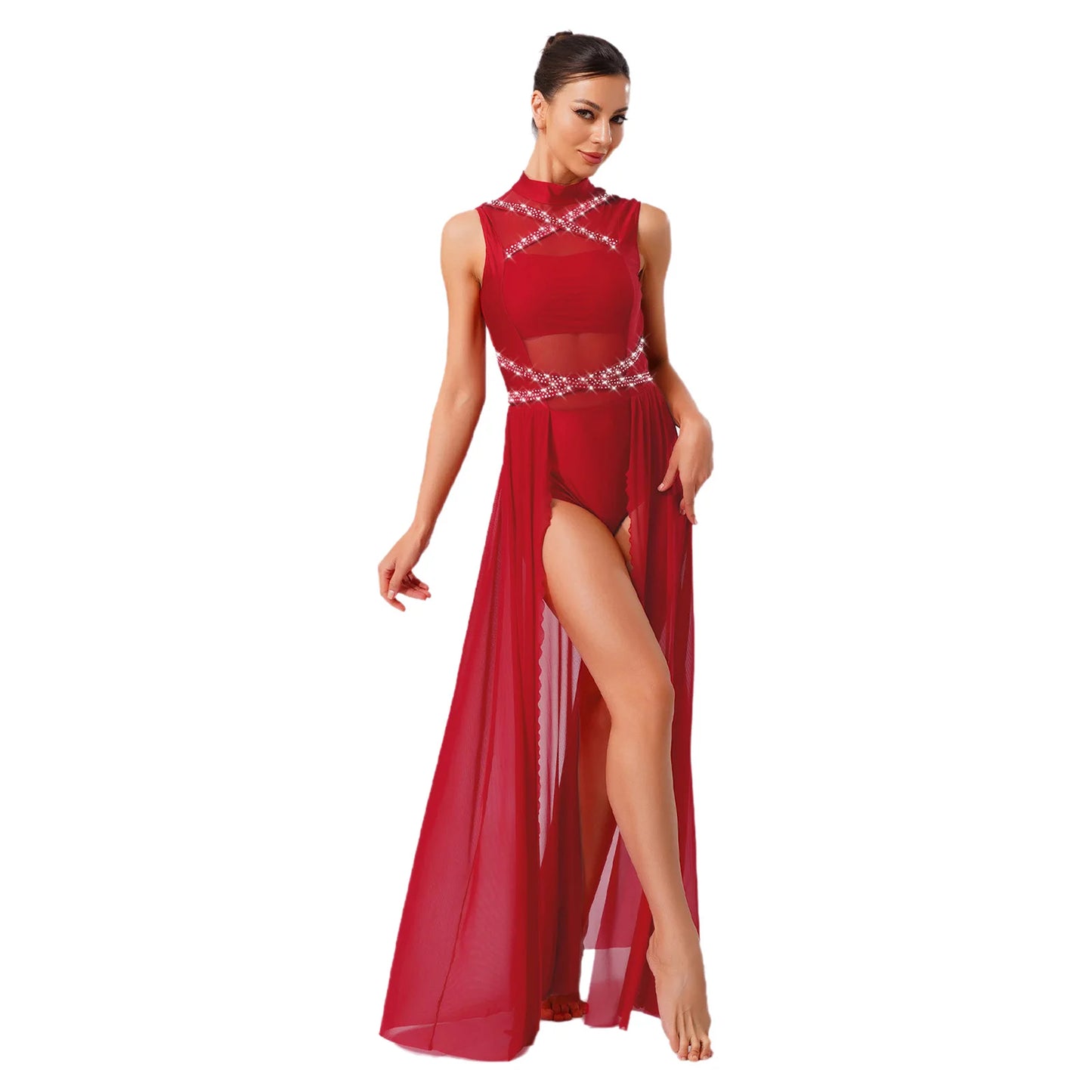 Womens Ballet Lyrical Dance Costumes Sequin Mesh Tulle Flowy Maxi Long Dress Built-In Briefs Morden Contemporary Dancewear