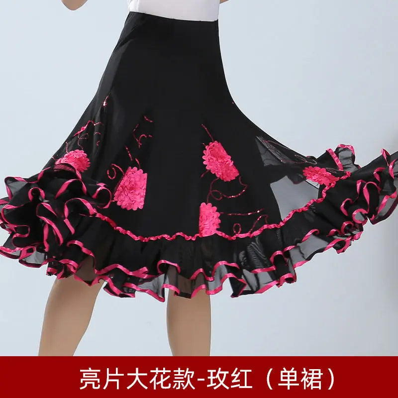 Square Dance/National Standard Modern Social Dance Big Swing Skirt Embroidered Square Dance Half Body Skirt Waltz Dance Skirt