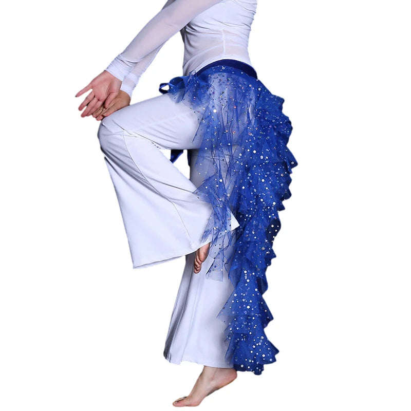 Women's Belly Dance Mesh Sequins Hip Scarf Wrap Skirts High Low Ruffle Mesh Waist Chain Belt Party Dance Costume Accessories