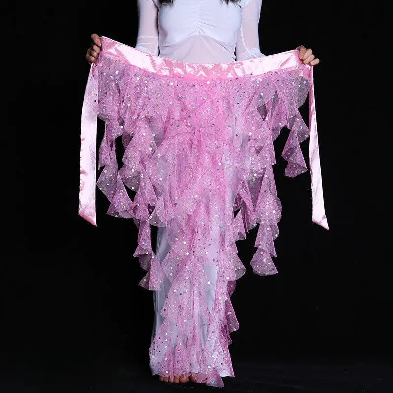 Women's Belly Dance Mesh Sequins Hip Scarf Wrap Skirts High Low Ruffle Mesh Waist Chain Belt Party Dance Costume Accessories