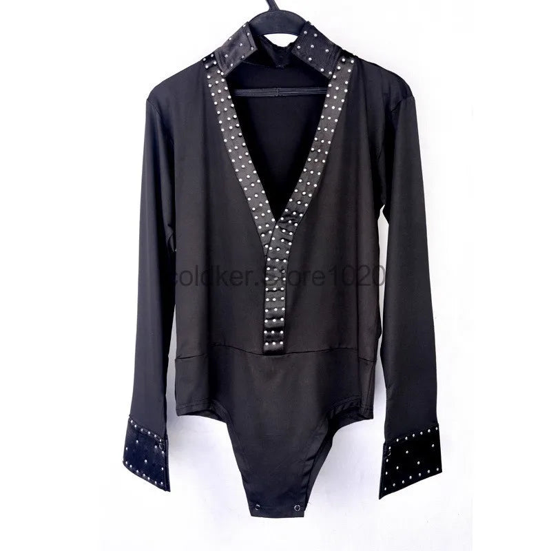 Men Latin Waltz Ballroom Dance Long Shirt Black White V-Neck Lace Leotard Bodysuit Cha-Cha Tango Rumba Dance Performance Shirts