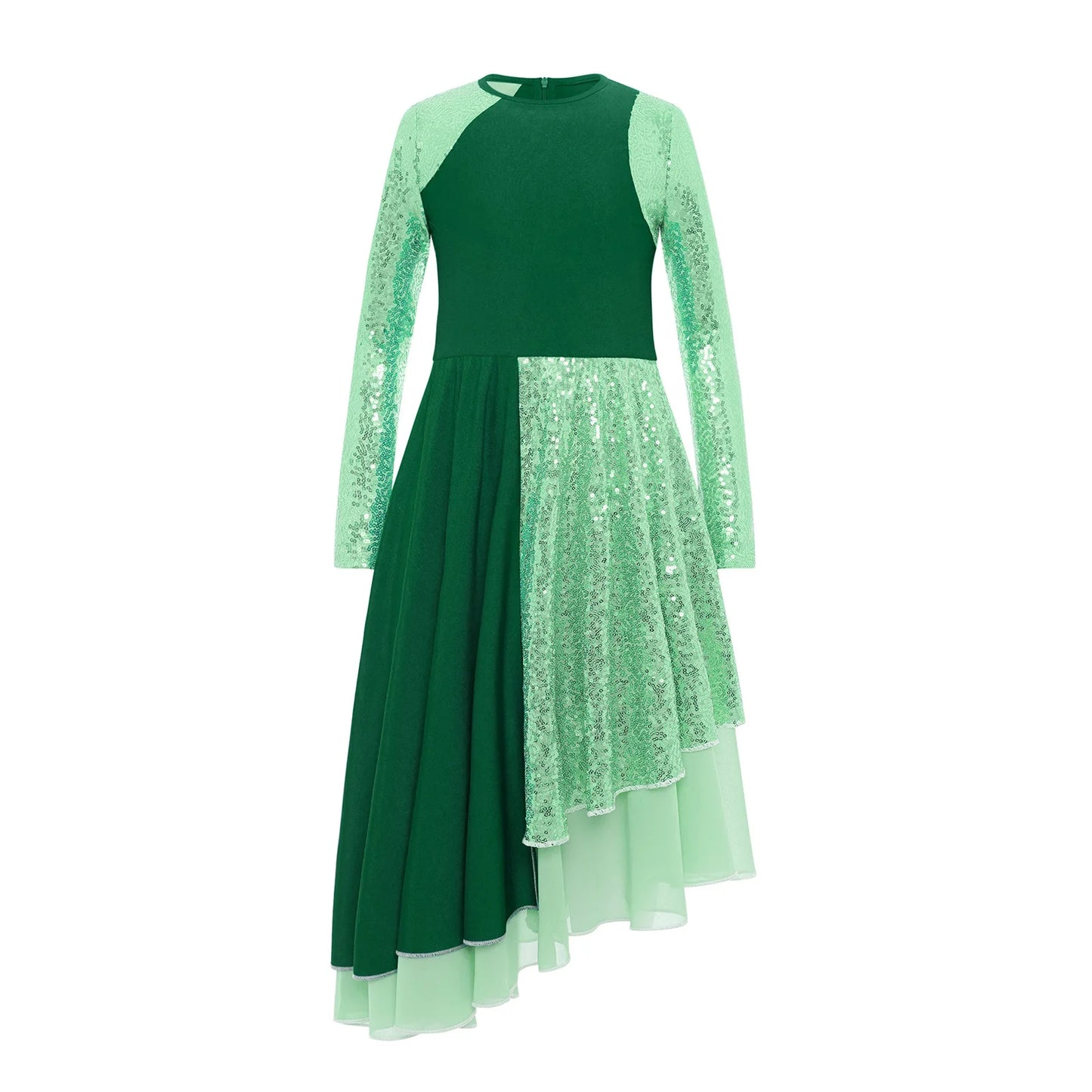 Vibrant Two-Tone Dance Dress with Sheer Lace Sleeves – Asymmetric Pink & Purple Gowns for Stage, Ballroom, and Showcases