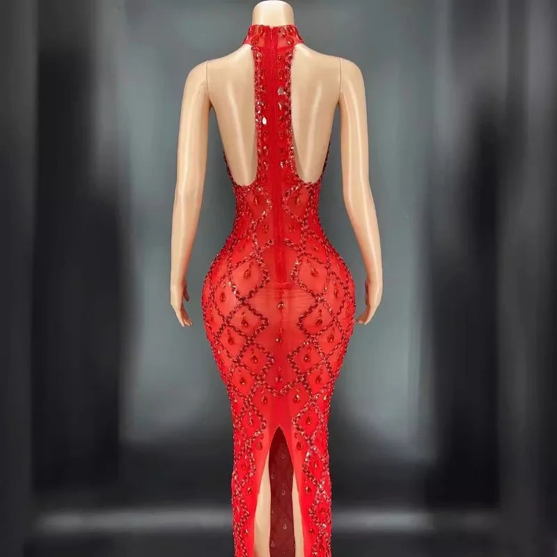 Customized Red Background Red Diamond Dress Nightclub Bar Female Singer DJDSgogo Performance Costume Stage Dress for Women