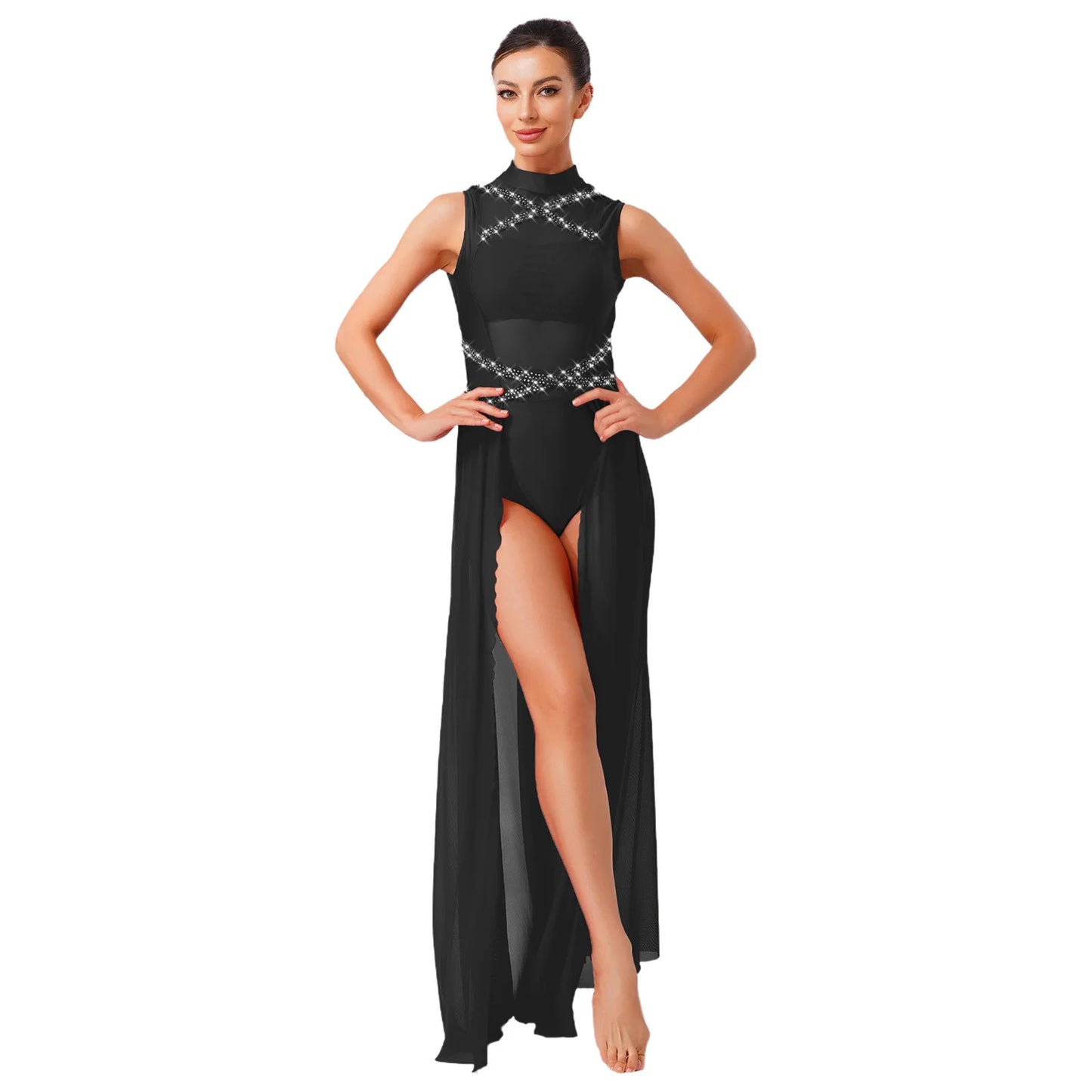Womens Ballet Lyrical Dance Costumes Sequin Mesh Tulle Flowy Maxi Long Dress Built-In Briefs Morden Contemporary Dancewear