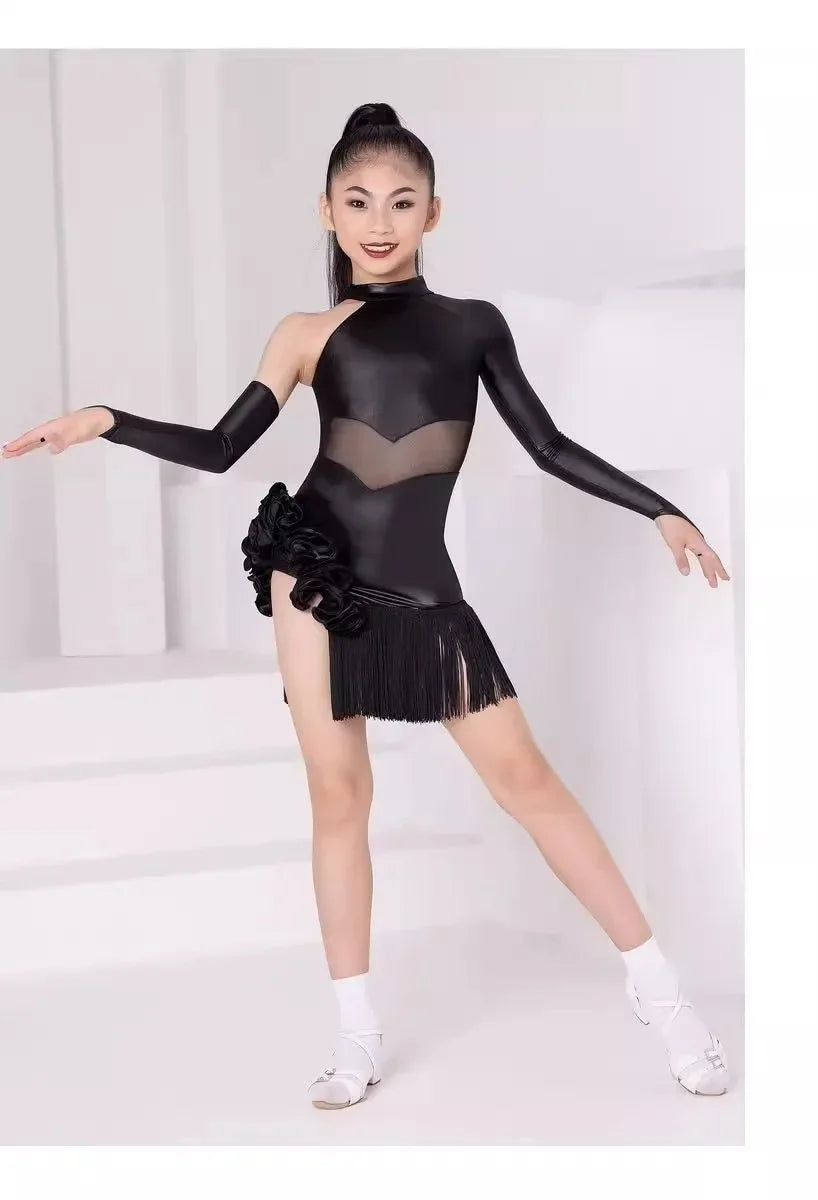 Girls Performance Costume One-Sleeve Black Fringe Skirt Kids Latin Dance Clothes Samba Cha-cha Competition Training Dress 2025