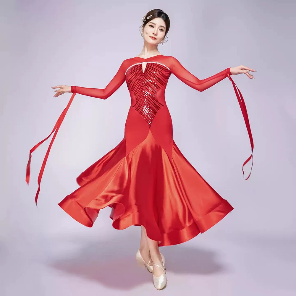 Stage Costume Streamers Standard Dance Dresses Competition Waltz Ballroom Dress for Competition Elegant Purple Long Sleeves Red