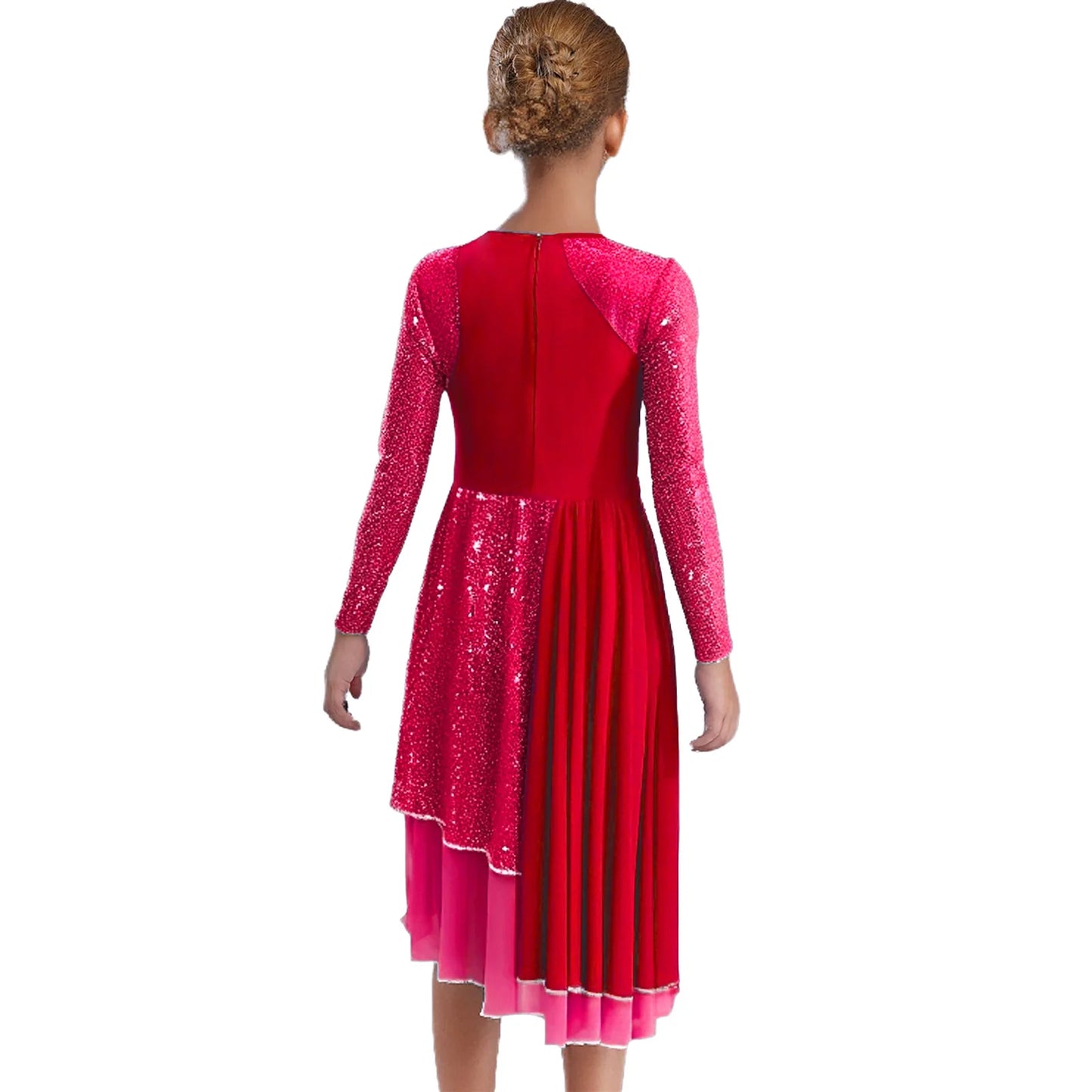 Vibrant Two-Tone Dance Dress with Sheer Lace Sleeves – Asymmetric Pink & Purple Gowns for Stage, Ballroom, and Showcases