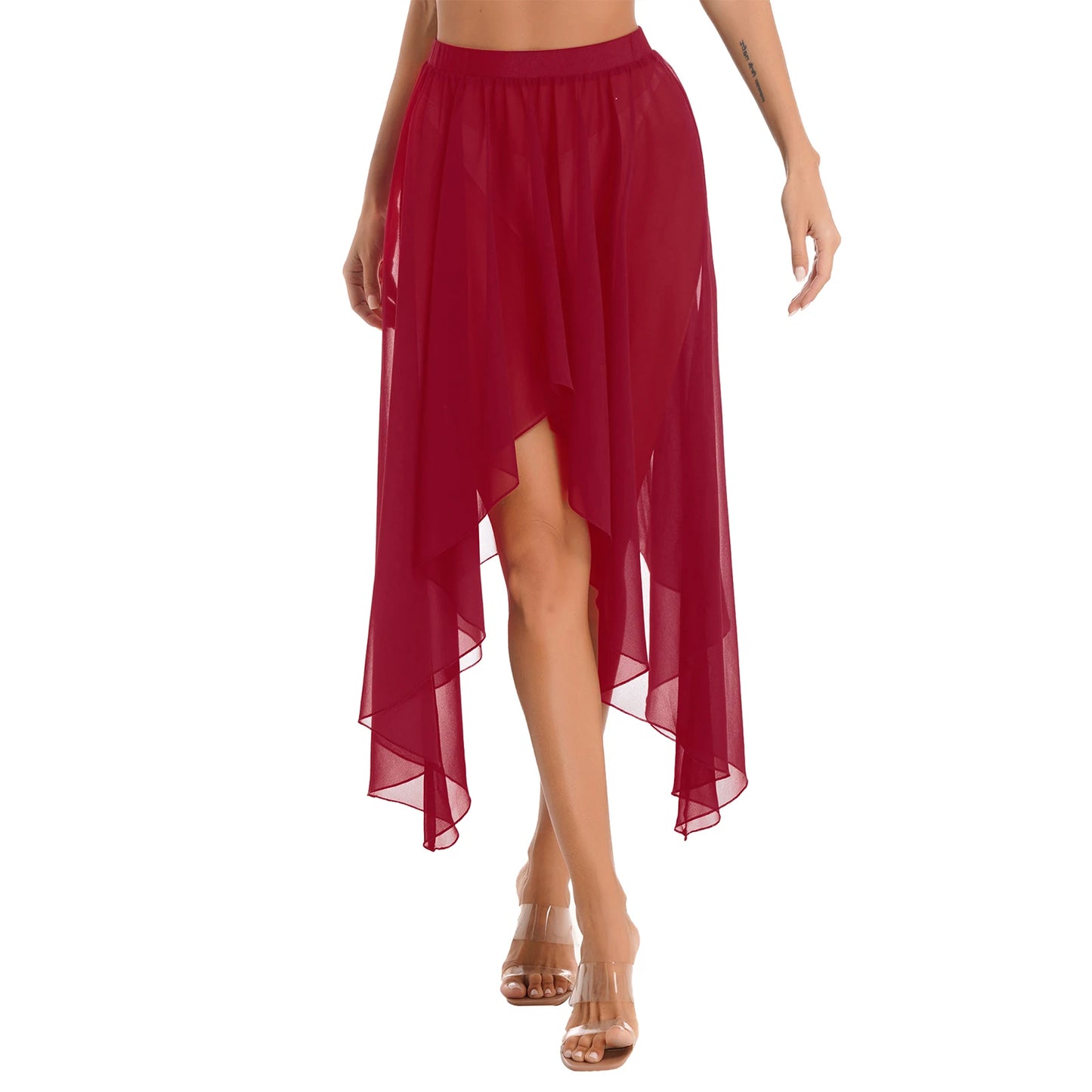 Women Adult Ballet Training Clothes Asymmetrical Sheer Chiffon Skirts Girls Middle Mesh Skirt Tulle Skirt Dance Stage Costume
