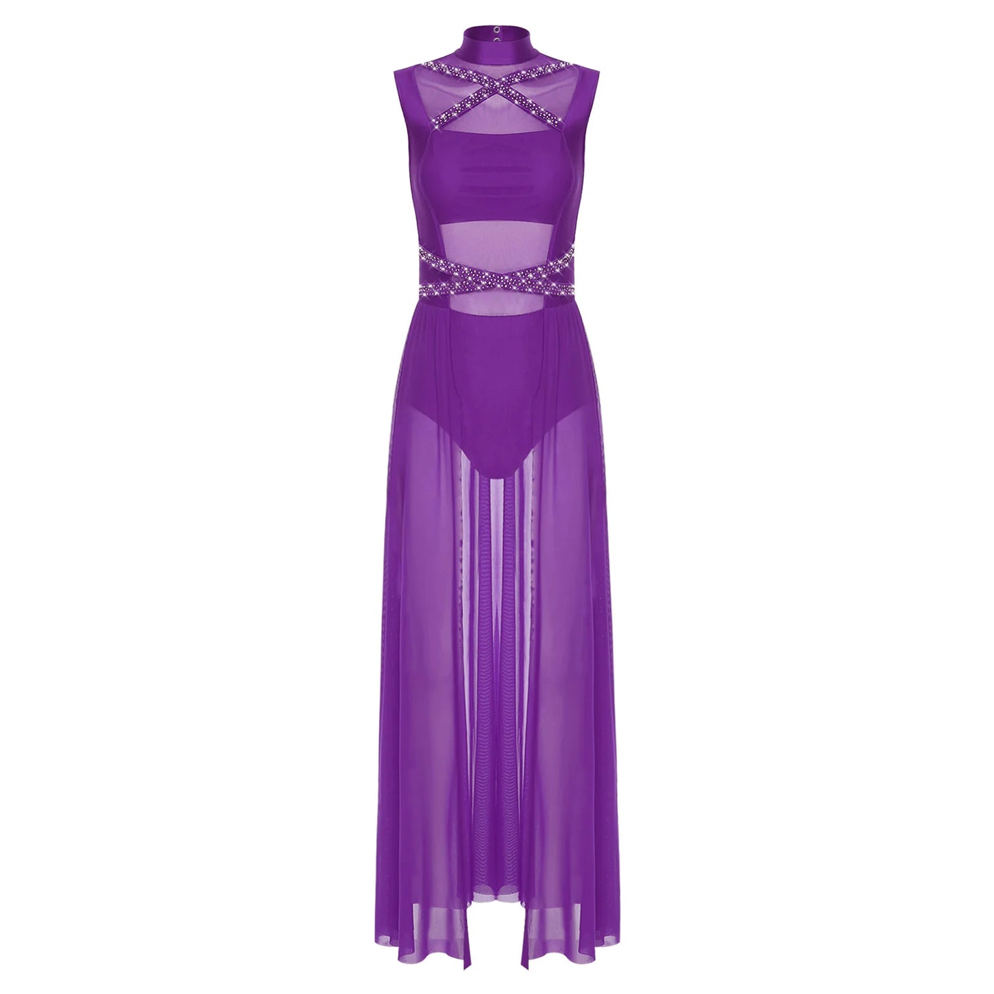 Womens Ballet Lyrical Dance Costumes Sequin Mesh Tulle Flowy Maxi Long Dress Built-In Briefs Morden Contemporary Dancewear