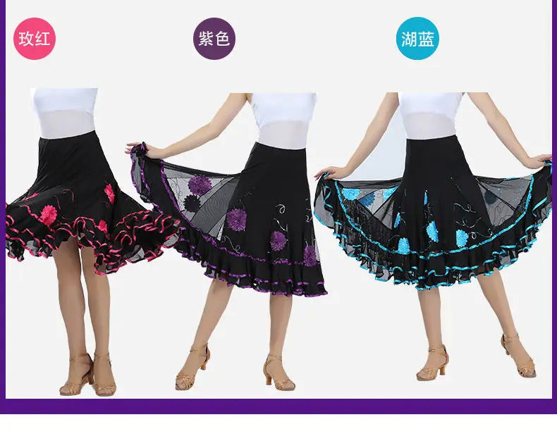 Square Dance/National Standard Modern Social Dance Big Swing Skirt Embroidered Square Dance Half Body Skirt Waltz Dance Skirt