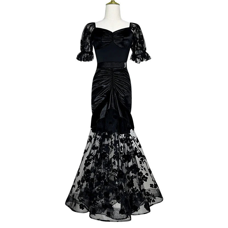 Ballroom Dance Clothes Women Adult Wrap Hip Sexy Black Long Skirt Lace Gauze Waltz Dance Skirt Practice Performance Wear NV20015