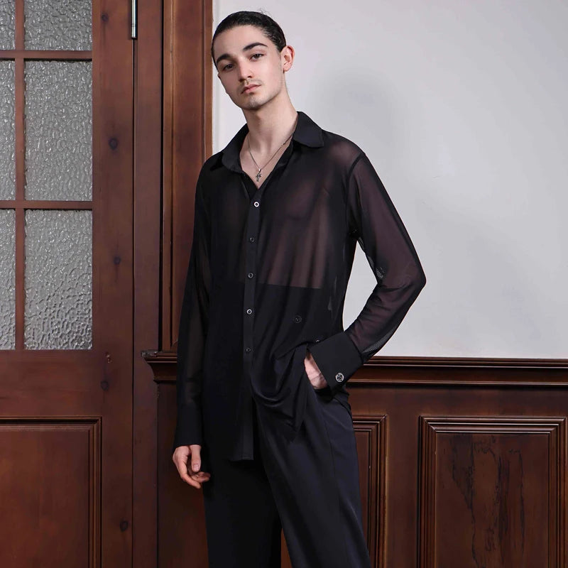 Black Mesh Ballroom Dance Top Men Long Sleeved Latin Dance Shirt Adults Samba Chacha Modern Dancing Tops Training Wear SL12058