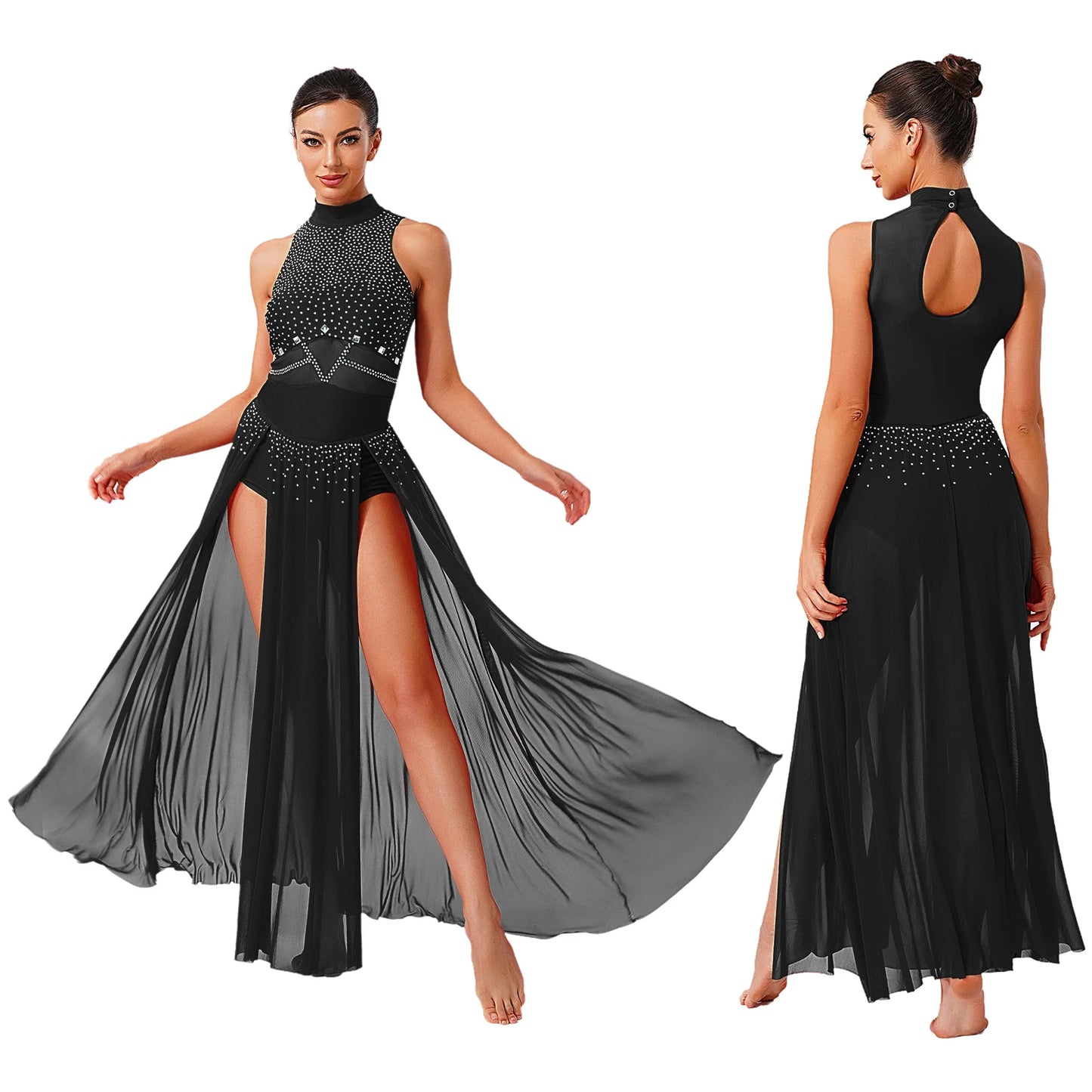 Womens Ballet Lyrical Dance Costumes Sequin Mesh Tulle Flowy Maxi Long Dress Built-In Briefs Morden Contemporary Dancewear