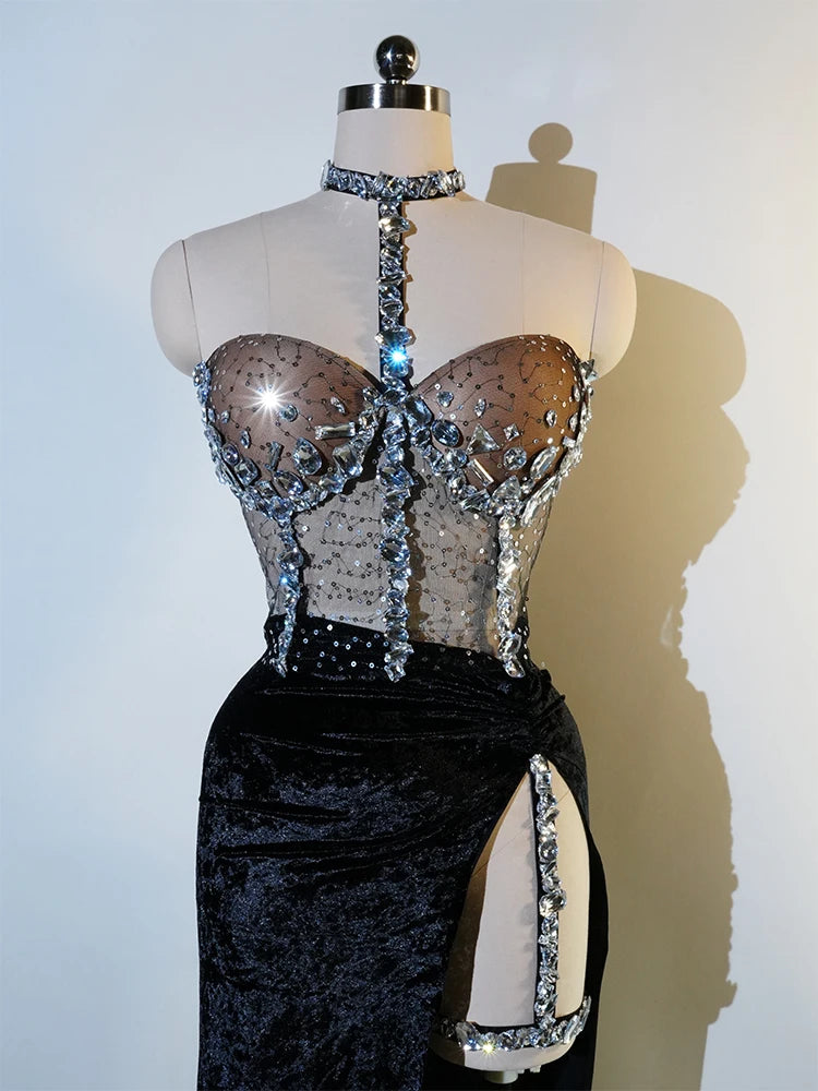 Glamorous Diamond Dance Dress Women Sexy Long Skirt Stage Costume Singer Performance Outfit Elastic Waist GoGo Nightclub Wear