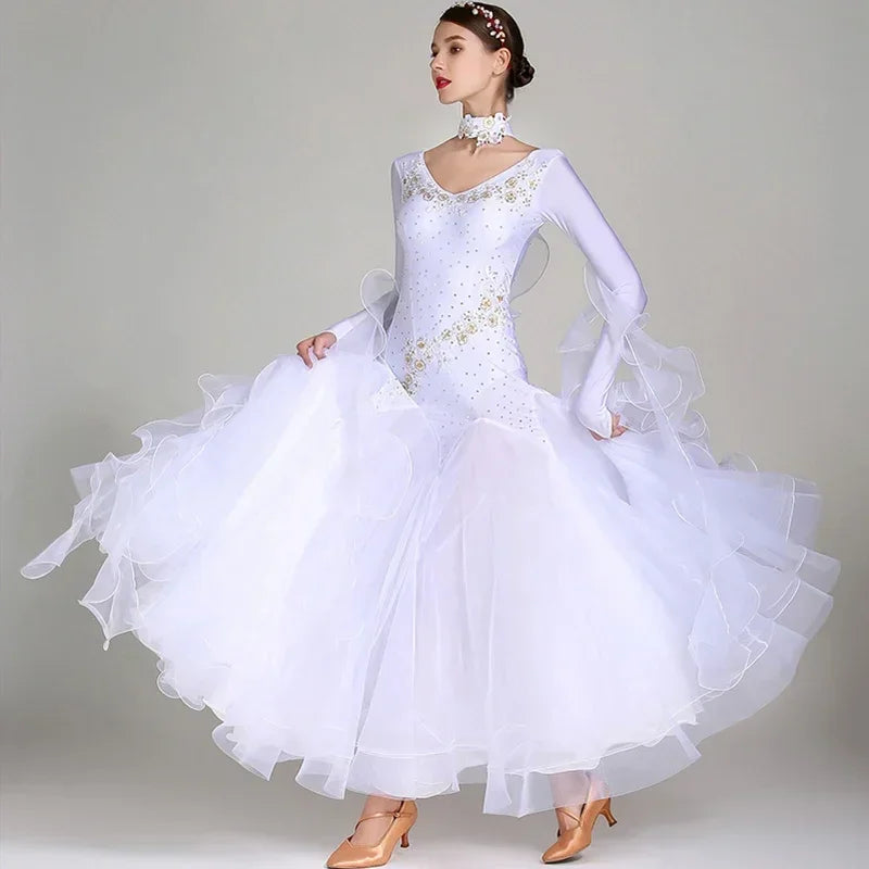 Women Competition Standard Modern Dancing Clothes Long Sleeve Waltz Stage Costumes Ballroom Dance Dress