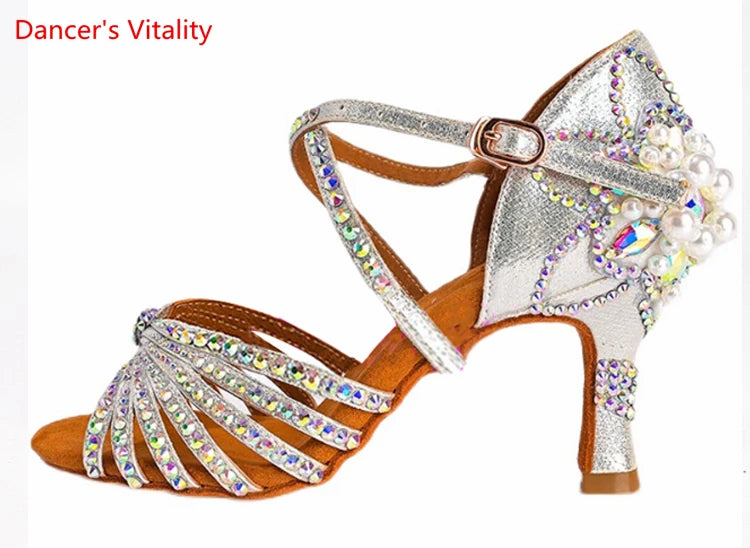 Latin Dance Shoes Female Adult Soft Sole with National Standard Professional Dance Shoes Diamond-studded Latin Shoes
