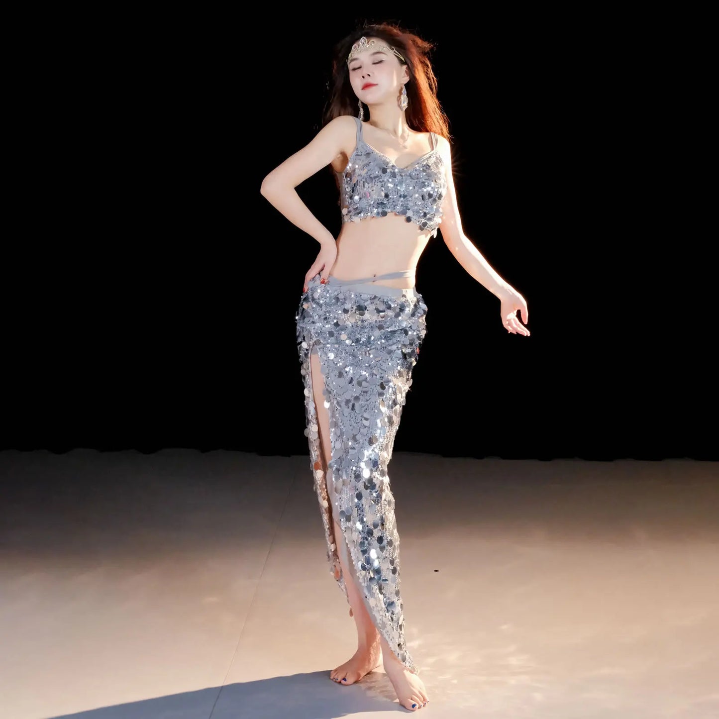 Emerald Green Sequin Skirt with Matching Crop Top – Sparkling Dance Dress, Stage Performance Gown, Ethereal Evening Ensemble