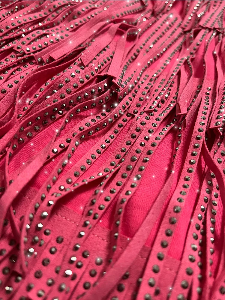 Women Skirt Fashion 2025 New Autumn High Waist Belt Multi Layer Short Heavy Drilling Rhinestones Fringed Skirt with Cake A Line