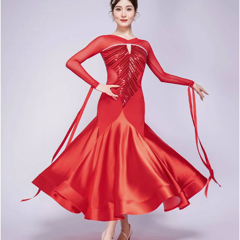 Stage Costume Streamers Standard Dance Dresses Competition Waltz Ballroom Dress for Competition Elegant Purple Long Sleeves Red